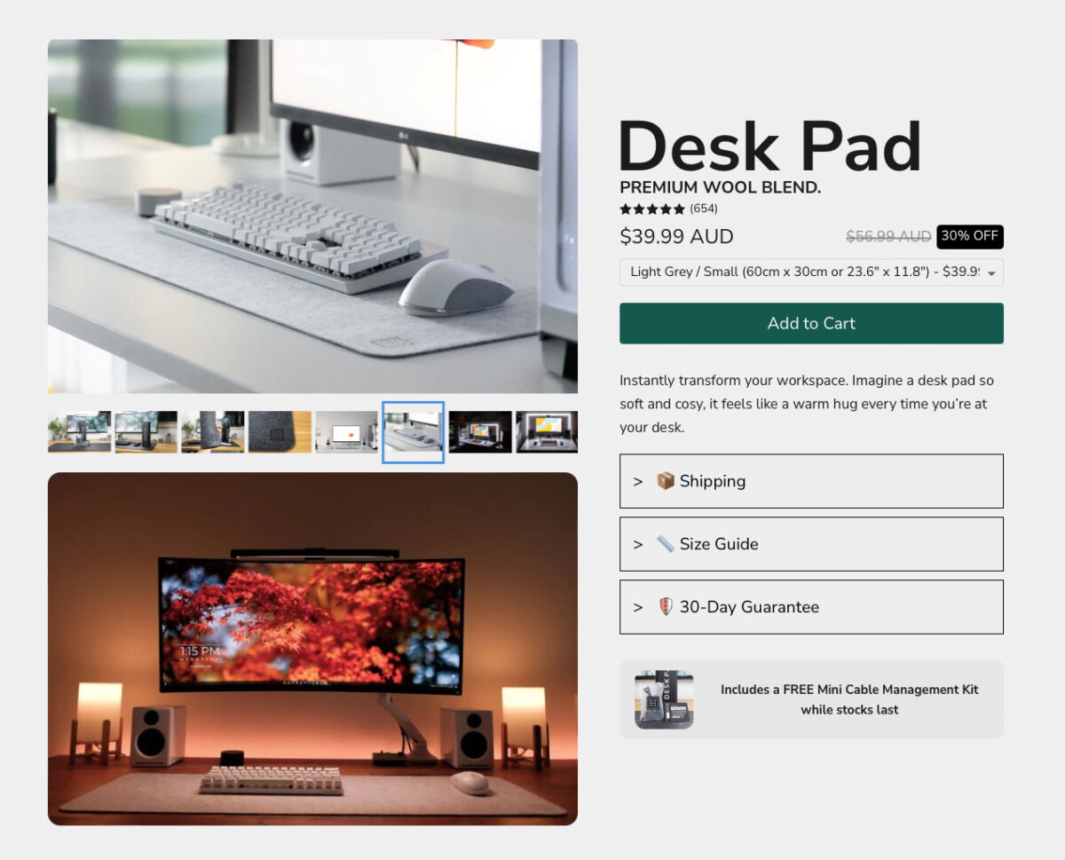 Minimal Desk Setupsのデスクパッドの購入ページ
