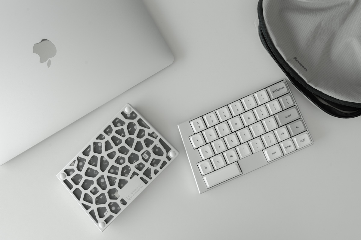 MacBookとガジェットポーチといっしょにデスクに並べられたElytra。片方は背面のデザインが見える