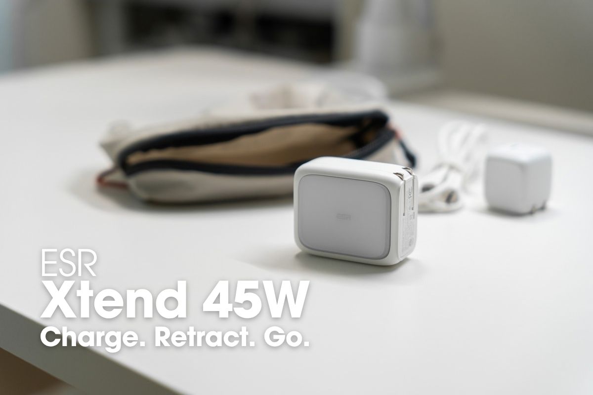 ESR Xtend 45Wとポーチ。「Charge. Retract. Go.」の文字を添えたアイキャッチ
